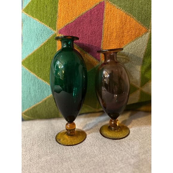 Set of 2 Vtg Hand-blown Glass Vases Amber Pedestal Green Brown Glass - Picture 1 of 8